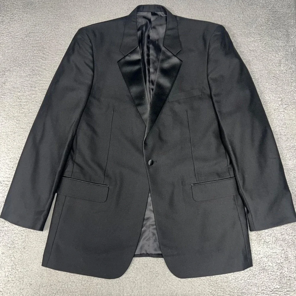 Versini 2 Pc Tuxedo Suit Men's XL 44 & 38x32 Black Satin Notch Wool Blazer Pants